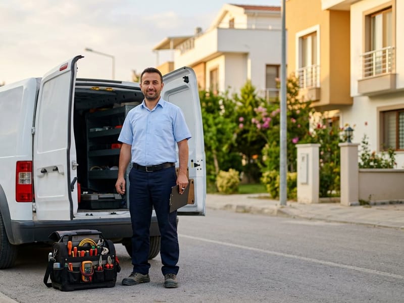 Servis aracının yanında yedek parça çantasıyla hazır bekleyen beyaz eşya teknisyeni